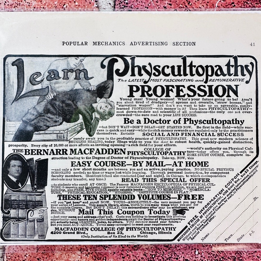 1914 Quackery - Learn Physcultopathy - Original Antique Vtg PRINT AD
